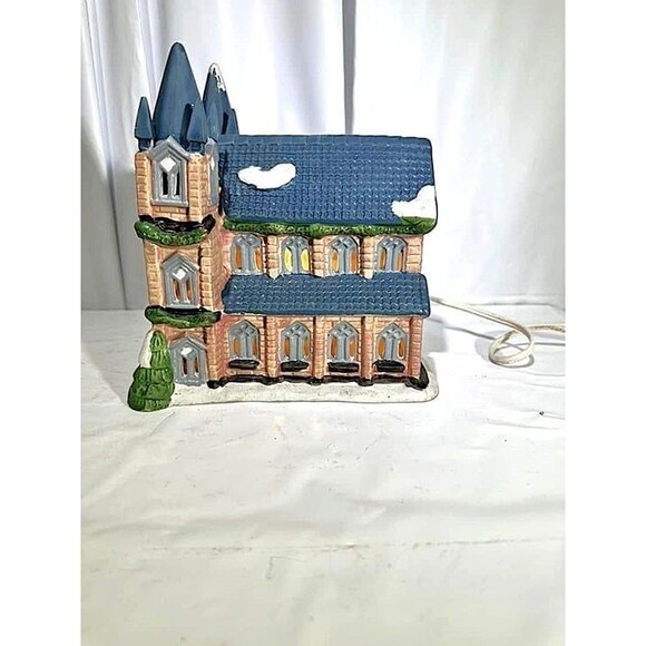 Vintage Christmas Village Lighted Double Spire Porcelain Church Removable Co - Picture 3 of 8